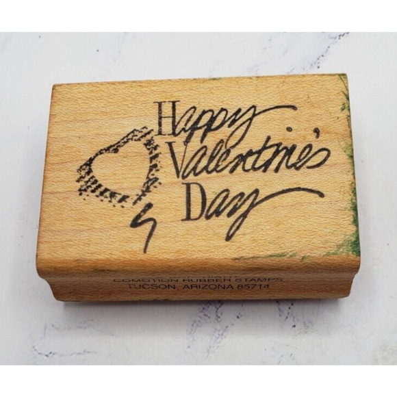 Happy Valentine’s Day Heart Balloon Comotion Wood Mounted Vintage Rubber Stamp - Picture 3 of 8